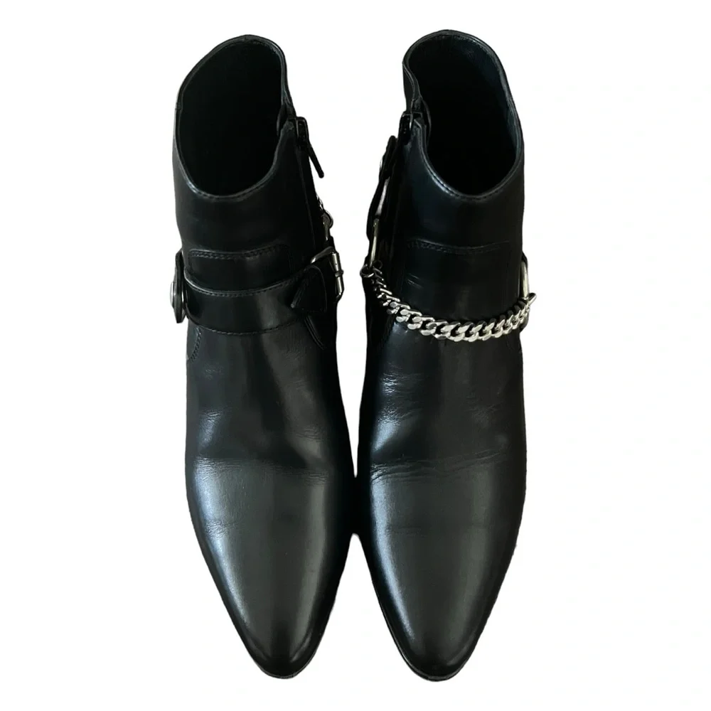 Saint Laurent Black Leather Western Chain Ankle Boots - Picture 4 of 16